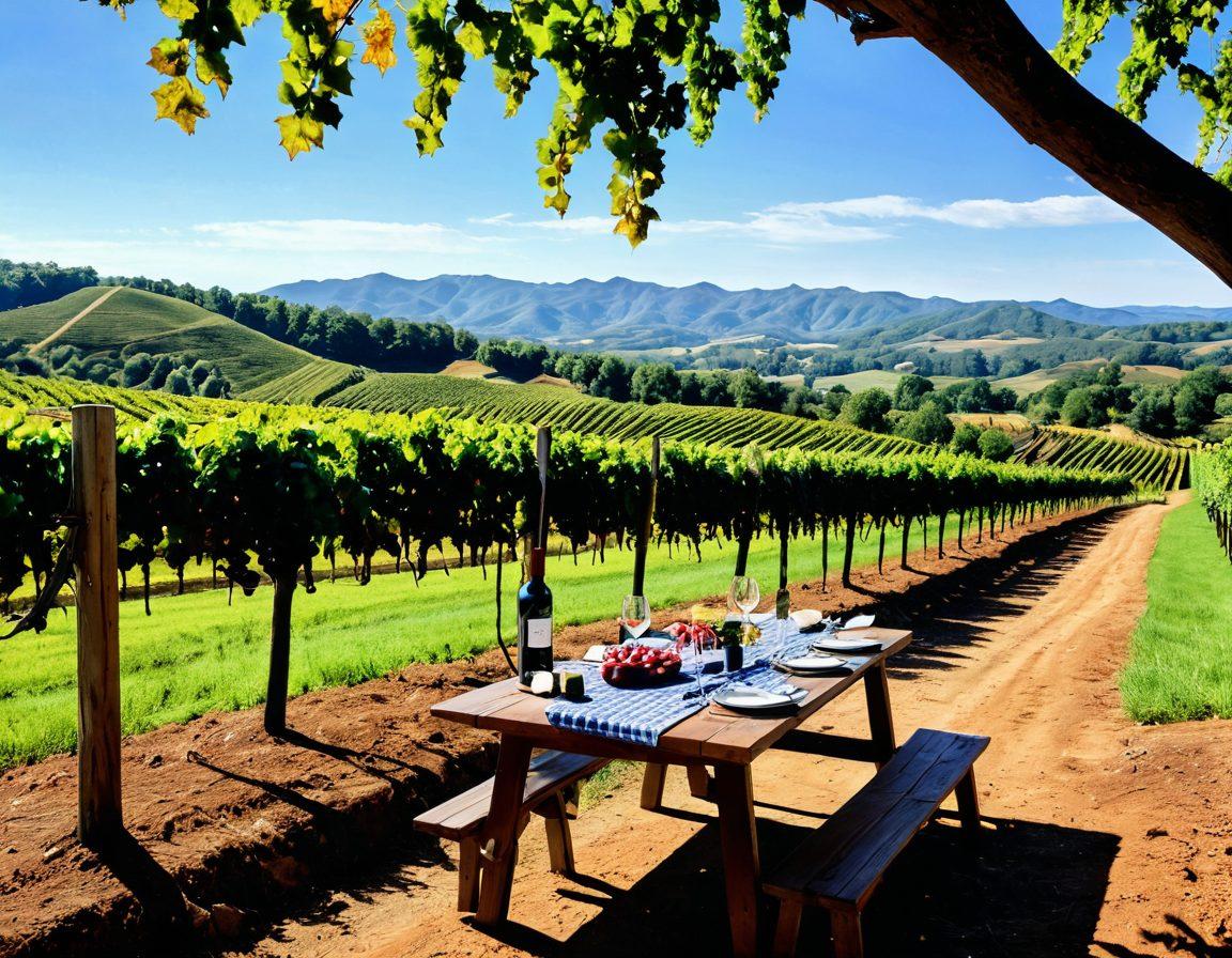 A scenic vineyard in Georgia showcasing lush grapevines under a bright blue sky, with a backdrop of rolling hills. Add a wine tasting event with people enjoying wine, sampling different varieties, and lively conversation. Include various wine glasses, cheese platters, and rustic wooden tables. Capture the warm sun illuminating the rich colors of the grapes and landscape. vibrant colors. super-realistic.