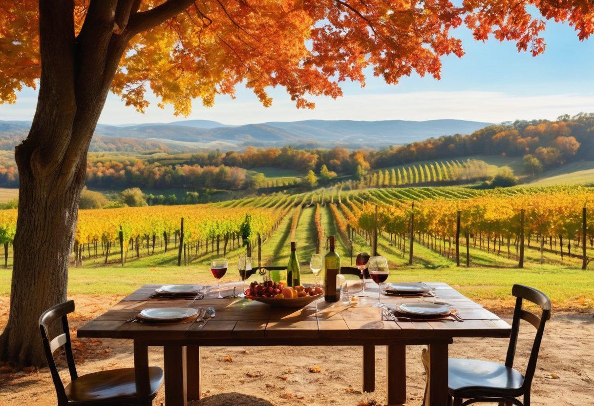 A picturesque vineyard in Georgia with rows of grapevines basking in golden sunlight, showcasing bottles of fine wine and glasses on rustic wooden tables. In the background, a serene landscape of rolling hills under bright blue skies, adorned with colorful autumn leaves, inviting travelers to explore. Include wine tour groups enjoying a tasting experience, creating a warm, inviting atmosphere. super-realistic. vibrant colors. soft focus.