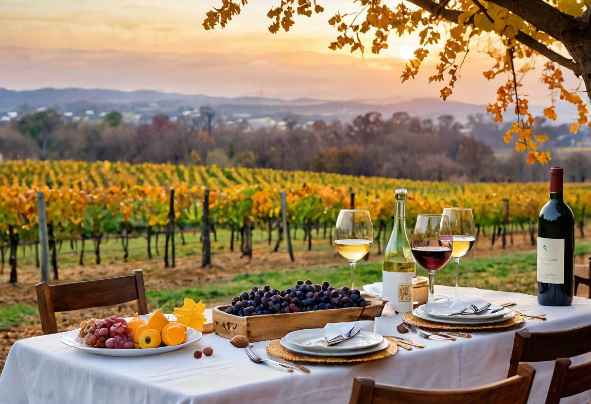 A warm, inviting vineyard landscape in Georgia during different seasons, showcasing lush grapevines in spring, golden leaves in autumn, and a snowy winter scene. Include a beautifully set dining table with fine wines paired with artistic plates of gourmet food, all under a soft golden sunset. Elements of seasonal cuisine are highlighted, with a focus on fresh, local ingredients. Artistic touches like watercolor effects and subtle textures to evoke warmth and appreciation for fine wine and food. vibrant colors. super-realistic.